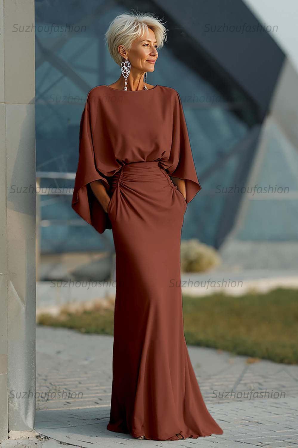 Navy Satin Mermaid Backless Long Mother Of The Bride Dress With Pockets