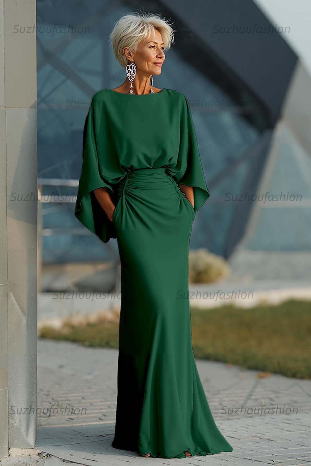 Navy Satin Mermaid Backless Long Mother Of The Bride Dress With Pockets