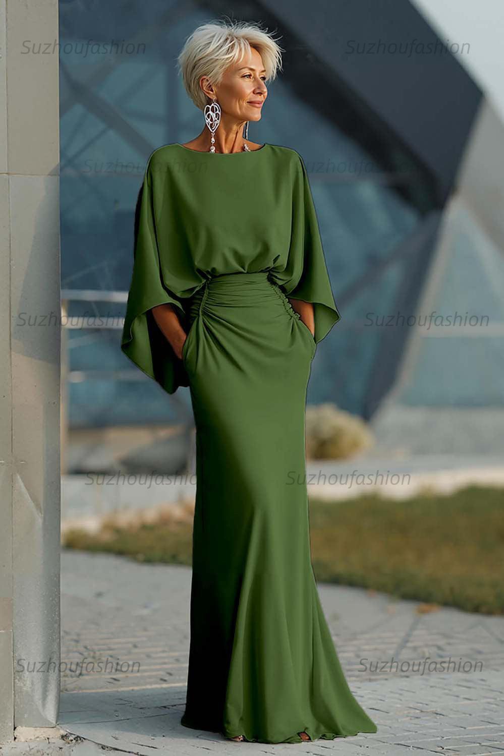 Navy Satin Mermaid Backless Long Mother Of The Bride Dress With Pockets
