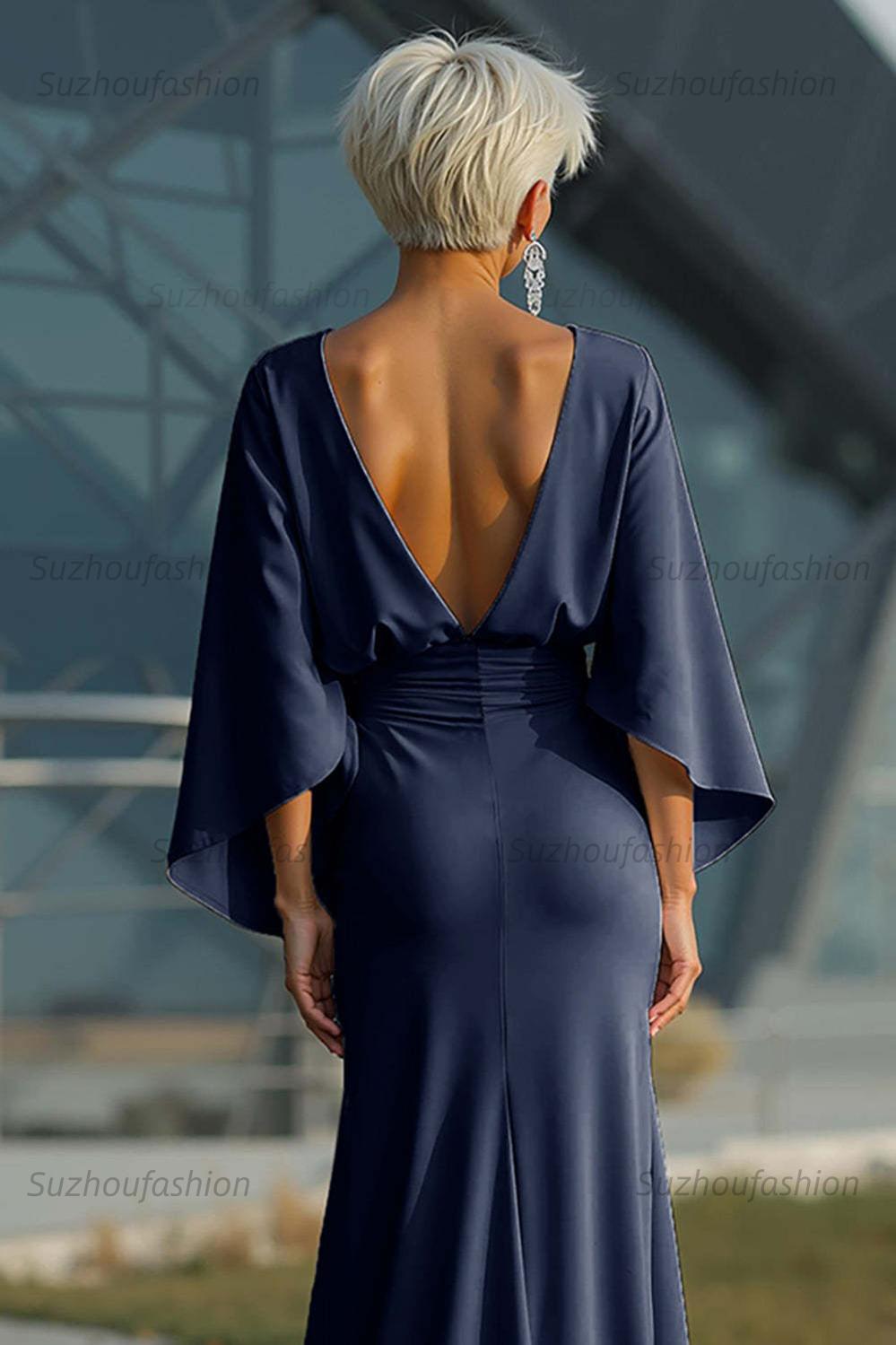 Navy Satin Mermaid Backless Long Mother Of The Bride Dress With Pockets