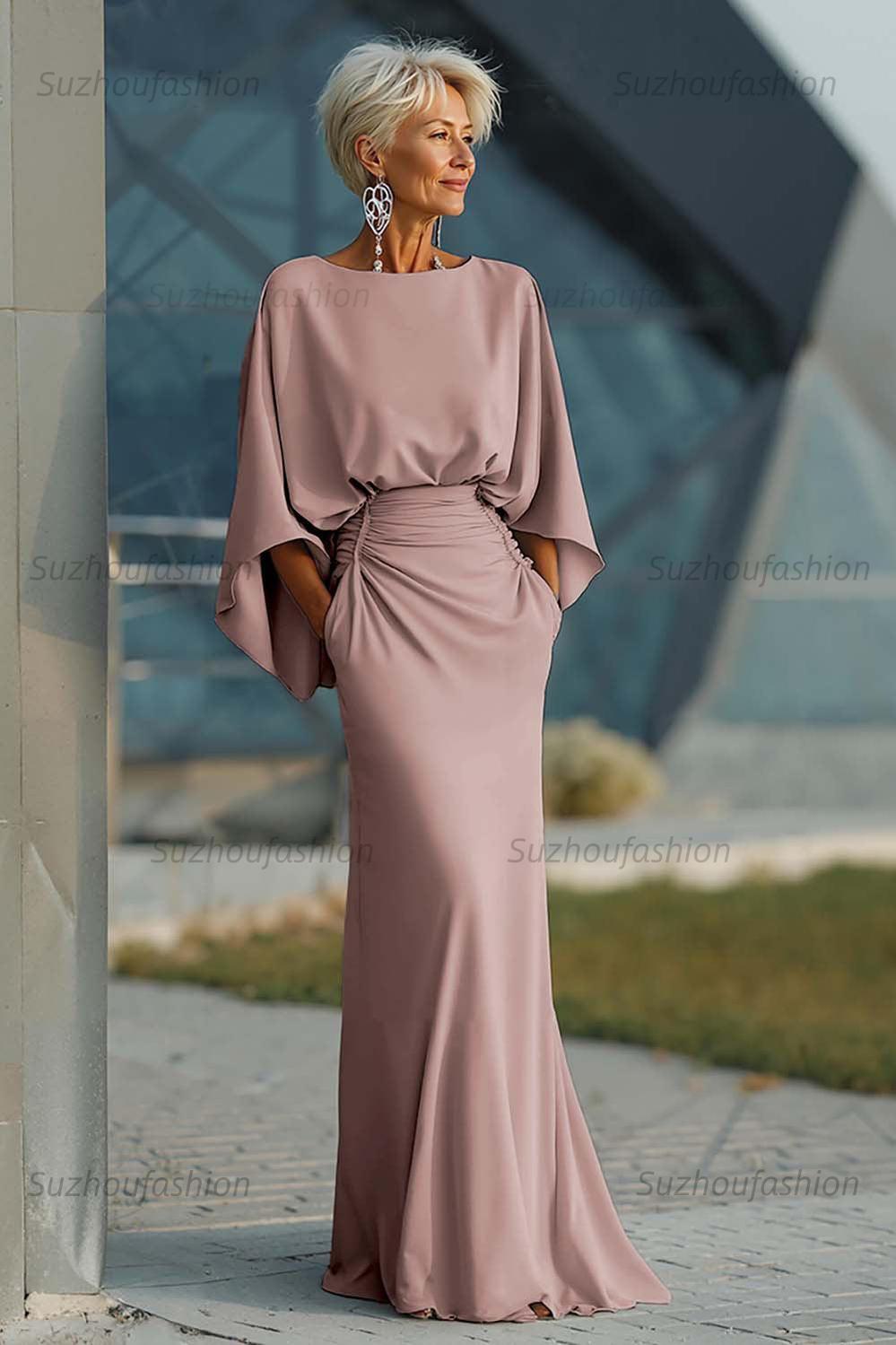 Navy Satin Mermaid Backless Long Mother Of The Bride Dress With Pockets