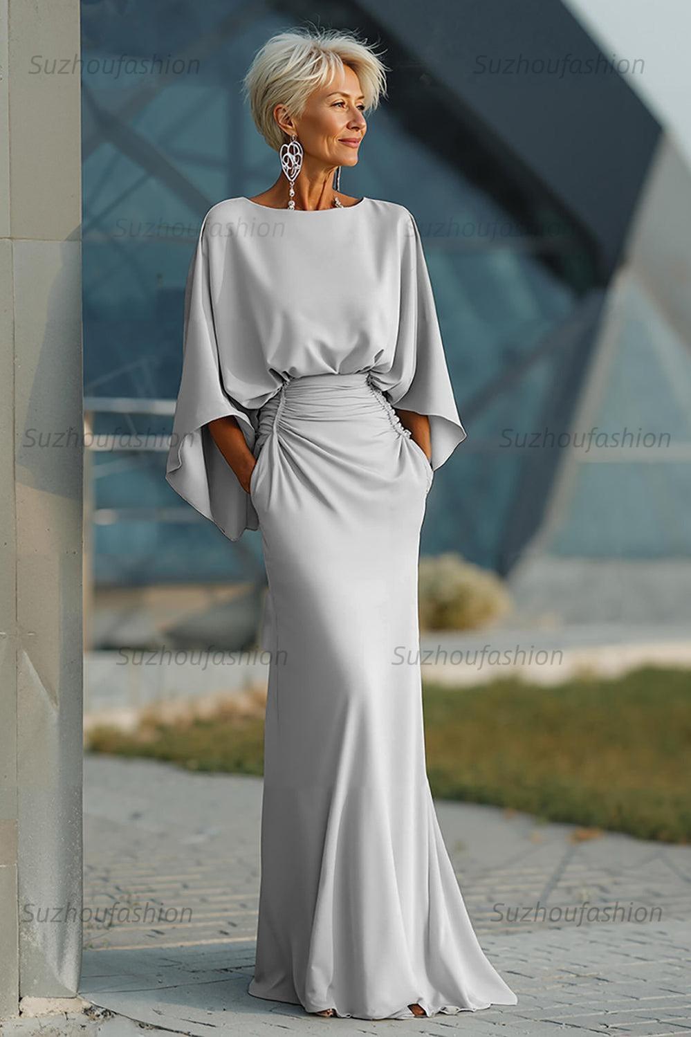 Navy Satin Mermaid Backless Long Mother Of The Bride Dress With Pockets
