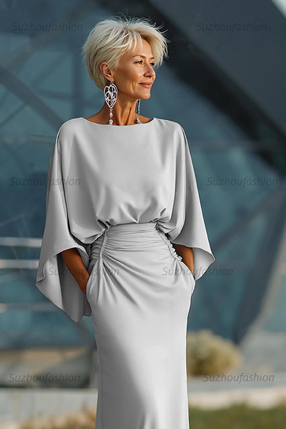 Navy Satin Mermaid Backless Long Mother Of The Bride Dress With Pockets