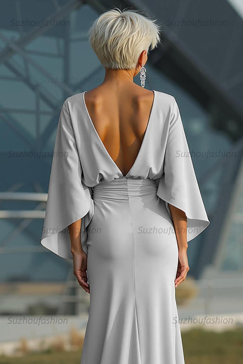 Navy Satin Mermaid Backless Long Mother Of The Bride Dress With Pockets