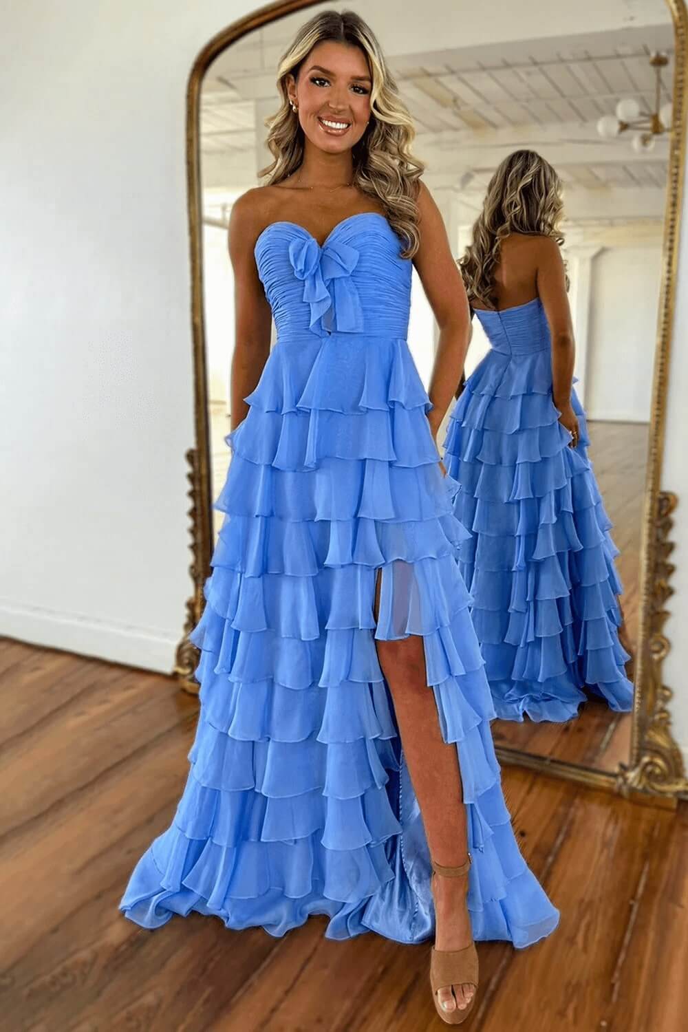 Tiered Fuchsia Prom Dress A-Line Sweetheart Formal Dress With Slit