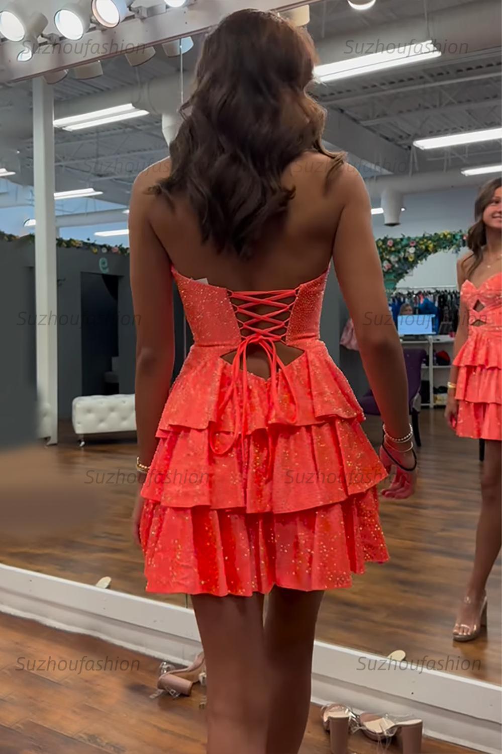 Orange A Line Homecoming Dresses Tiered Short Cocktail Dresses With Beading