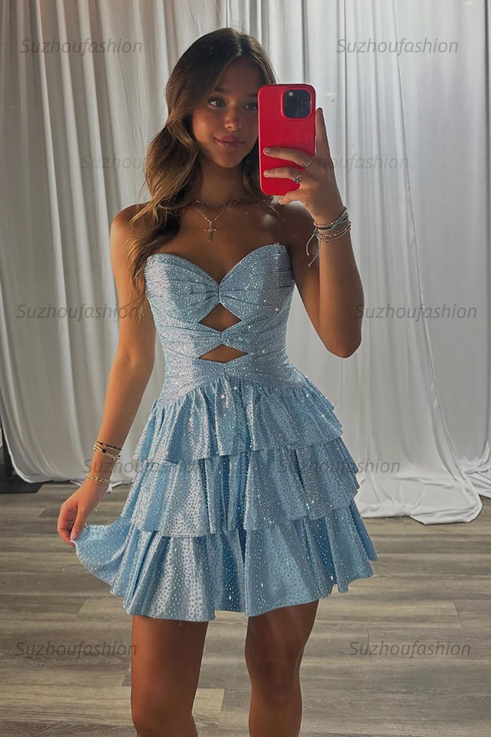 Orange A Line Homecoming Dresses Tiered Short Cocktail Dresses With Beading