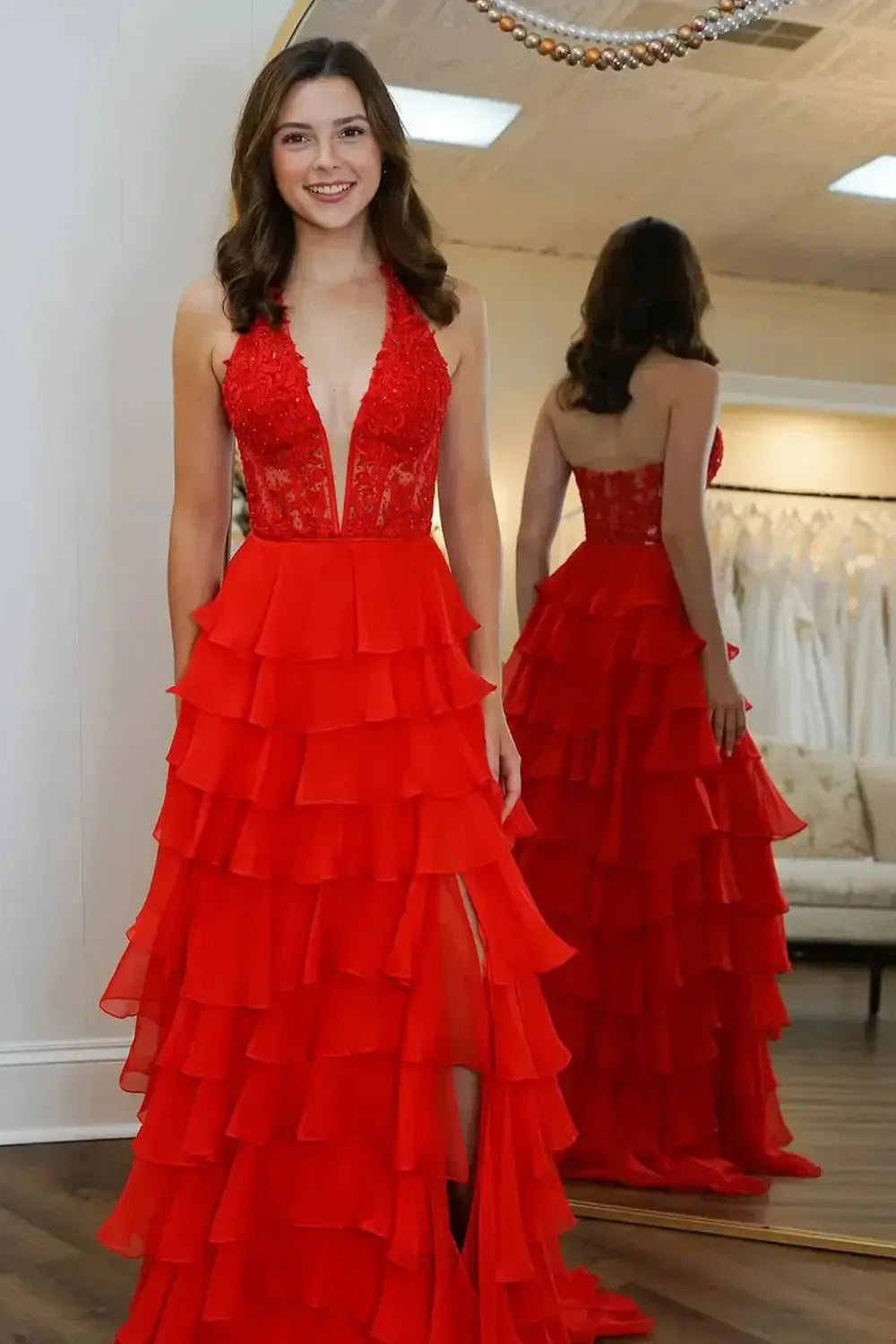 Sky Blue Prom Dress Ruffled Halter Corset Formal Dress With Slit