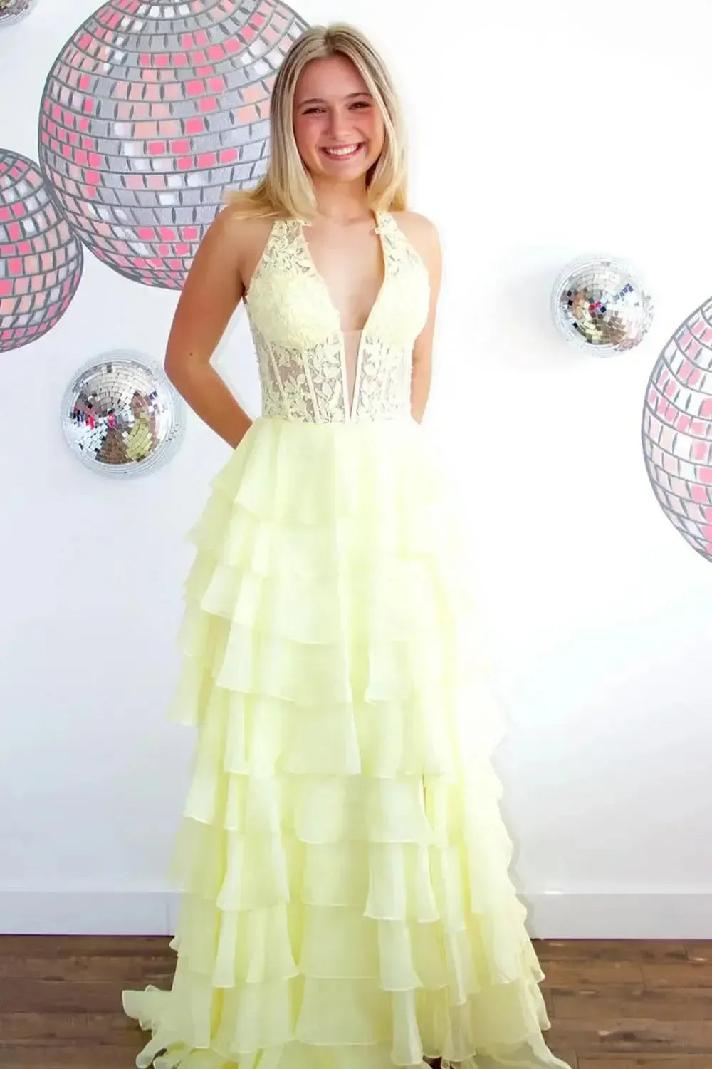 Sky Blue Prom Dress Ruffled Halter Corset Formal Dress With Slit