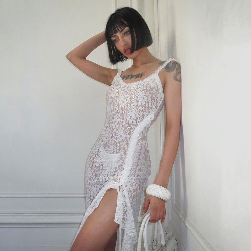Dress Lace Strap Stitched Backless Long Sheath