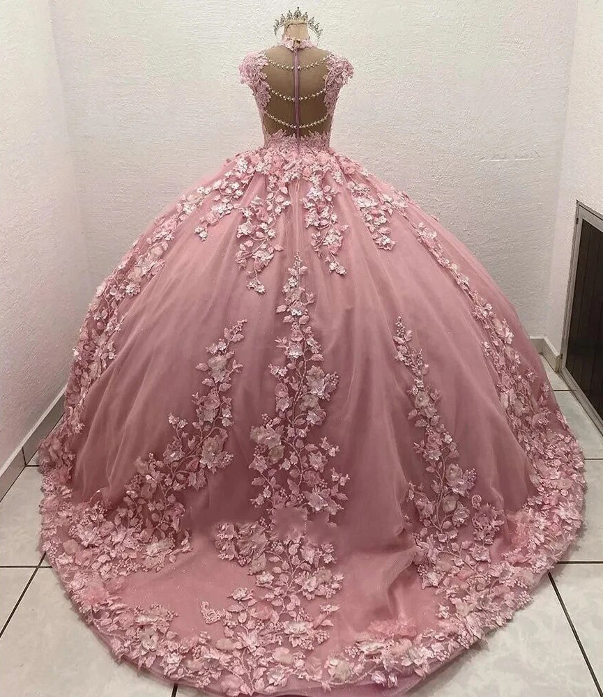 Ball Gown Sweetheart Neck Sleeveless 3D Flower Appliques Beaded Pink Tulle Princess Gown Quinceanera Dress For Sweet 16