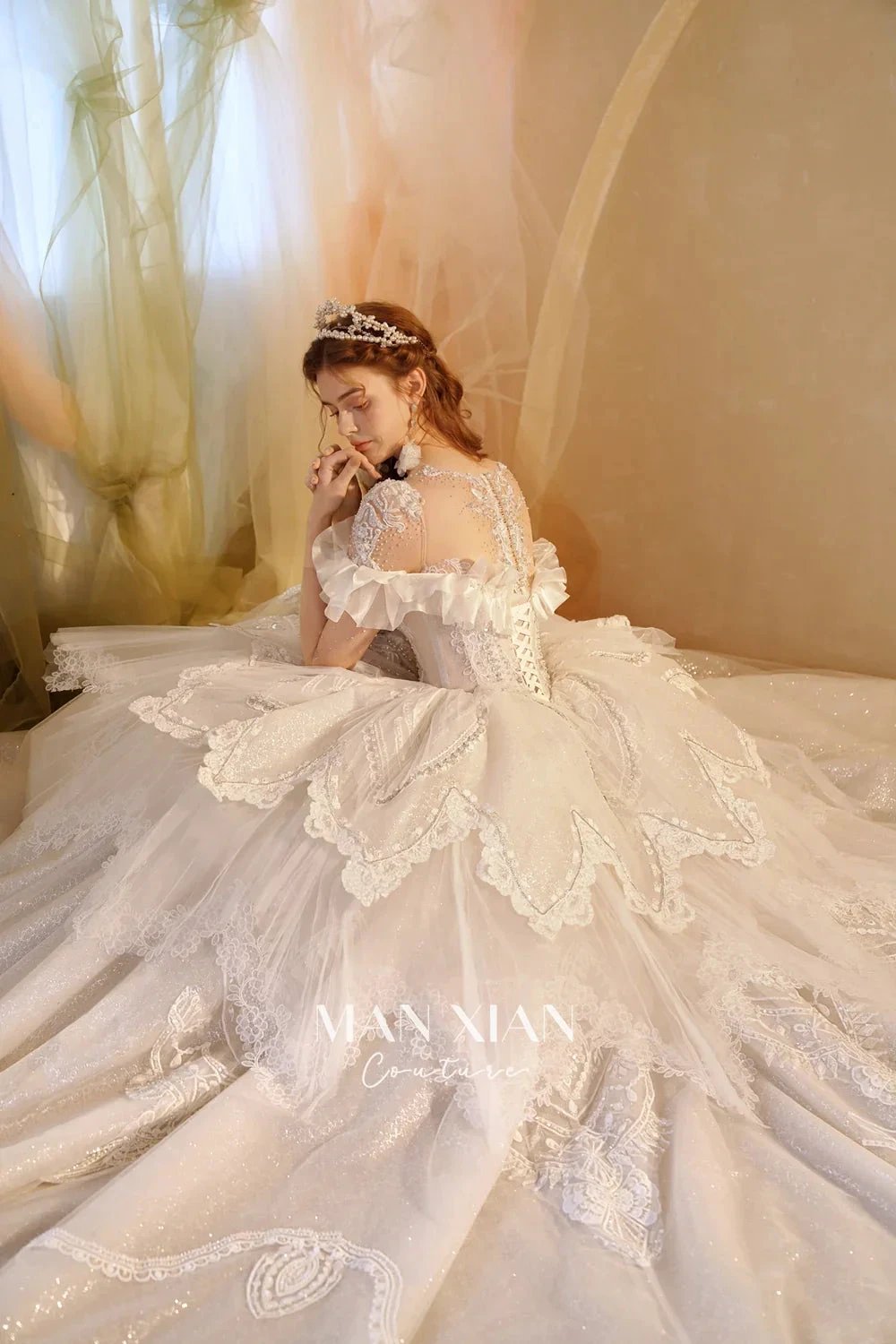 Luminous Ivory Sweetheart Glitter Tulle Ball Gown with Ruffled Sleeves, Pearl Embroidery & Lace Train (ZD16939)