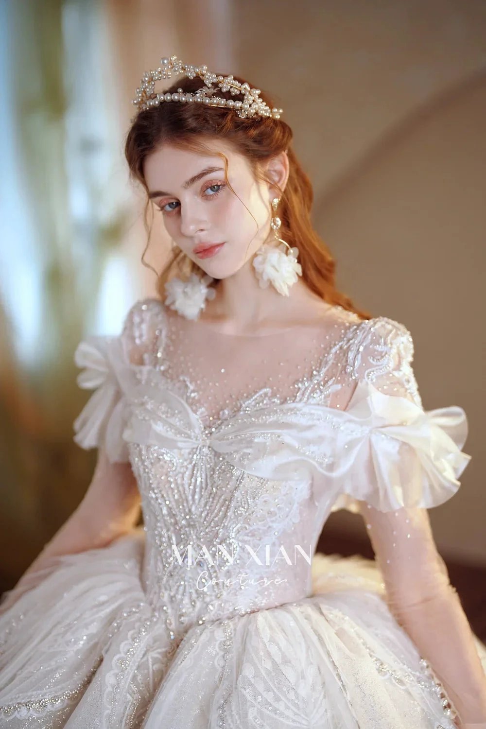 Luminous Ivory Sweetheart Glitter Tulle Ball Gown with Ruffled Sleeves, Pearl Embroidery & Lace Train (ZD16939)