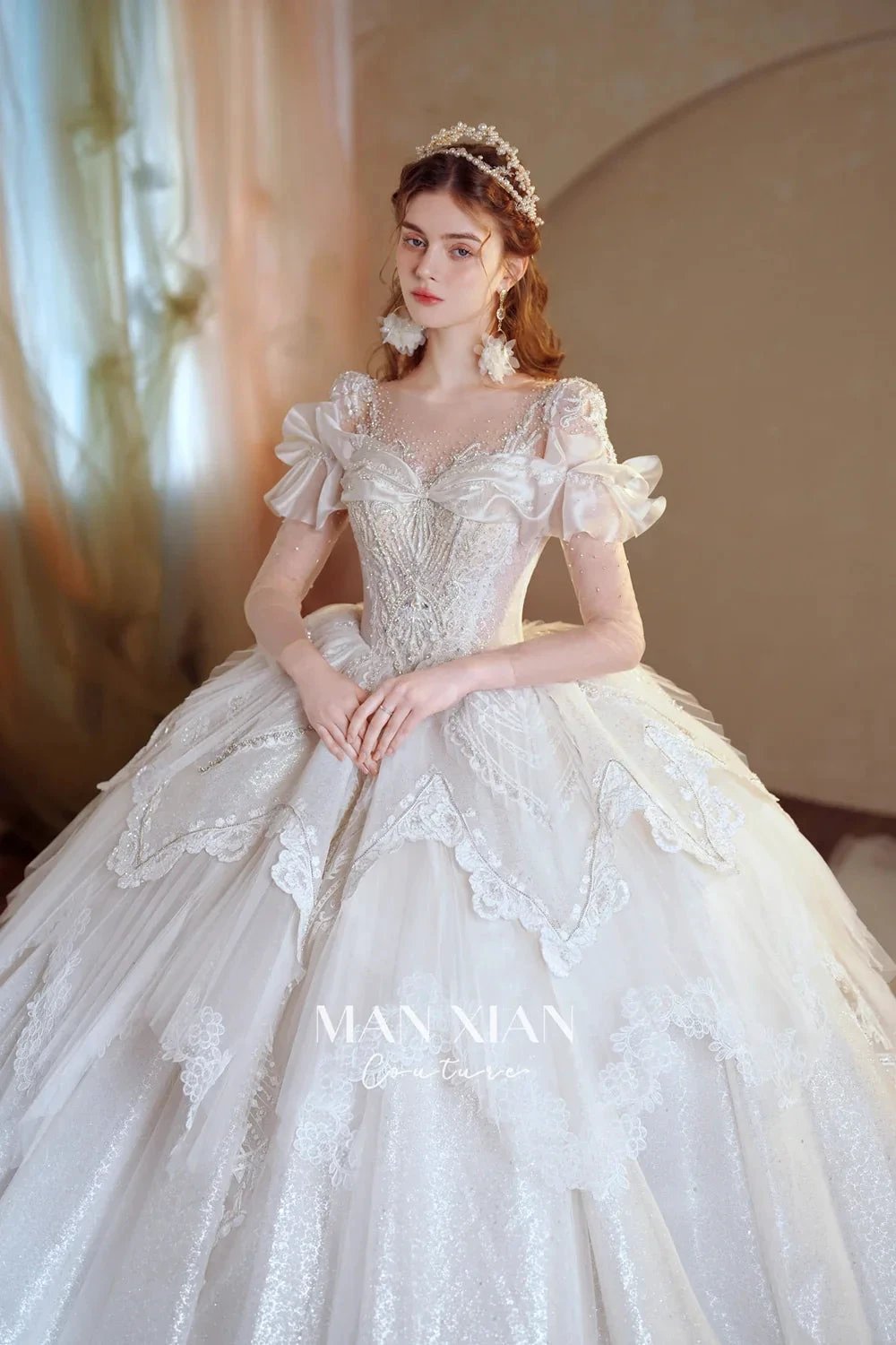 Luminous Ivory Sweetheart Glitter Tulle Ball Gown with Ruffled Sleeves, Pearl Embroidery & Lace Train M013 by ZAPDRESS