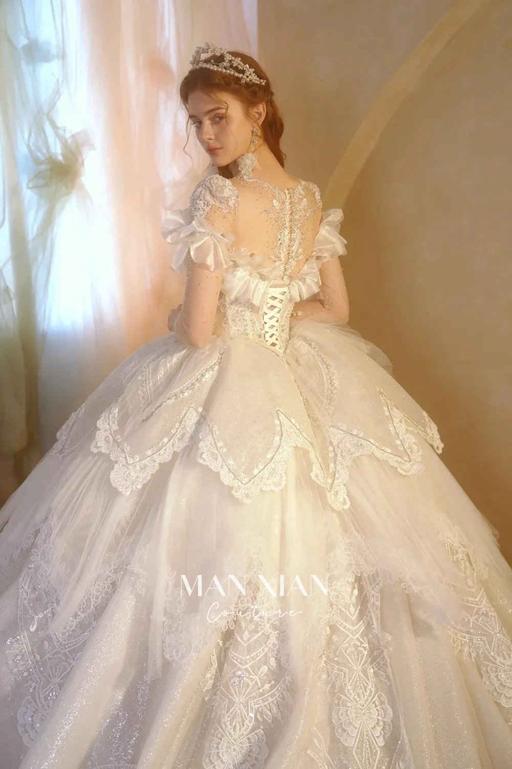 Luminous Ivory Sweetheart Glitter Tulle Ball Gown with Ruffled Sleeves, Pearl Embroidery & Lace Train (ZD16939)