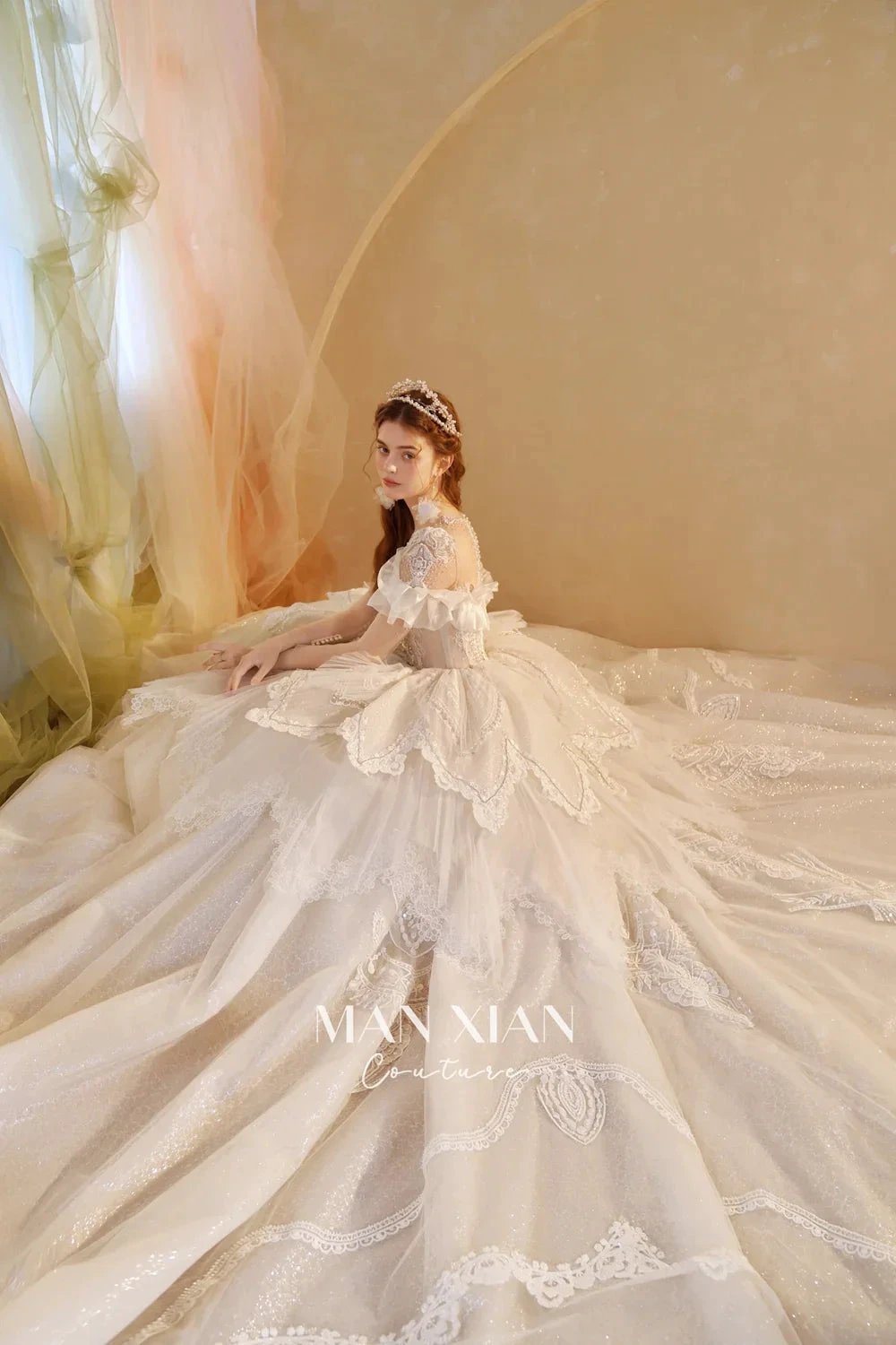 Luminous Ivory Sweetheart Glitter Tulle Ball Gown with Ruffled Sleeves, Pearl Embroidery & Lace Train (ZD16939)
