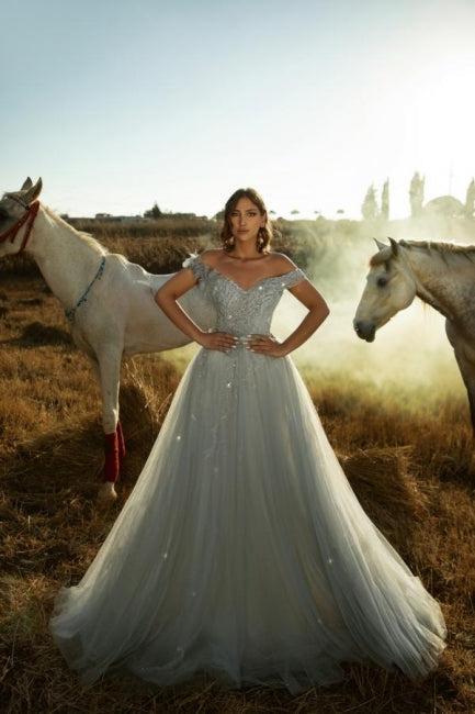 Dusty Blue Prom Dress A Line Off The Shoulder Sleeveless Lace Tulle Formal Dress With Sequins