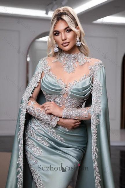Dusty Blue Prom Dress High Neck Long Sleeve Slit Watteau Train Satin Formal Dress With Appliques