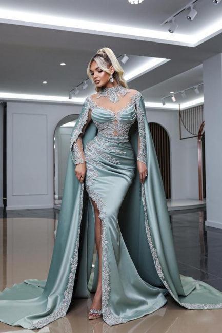 Dusty Blue Prom Dress High Neck Long Sleeve Slit Watteau Train Satin Formal Dress With Appliques