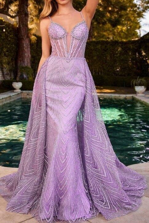 Dusty Blue Prom Dress Sequined Spagheetti Straps Evening Dress with Detachable Train