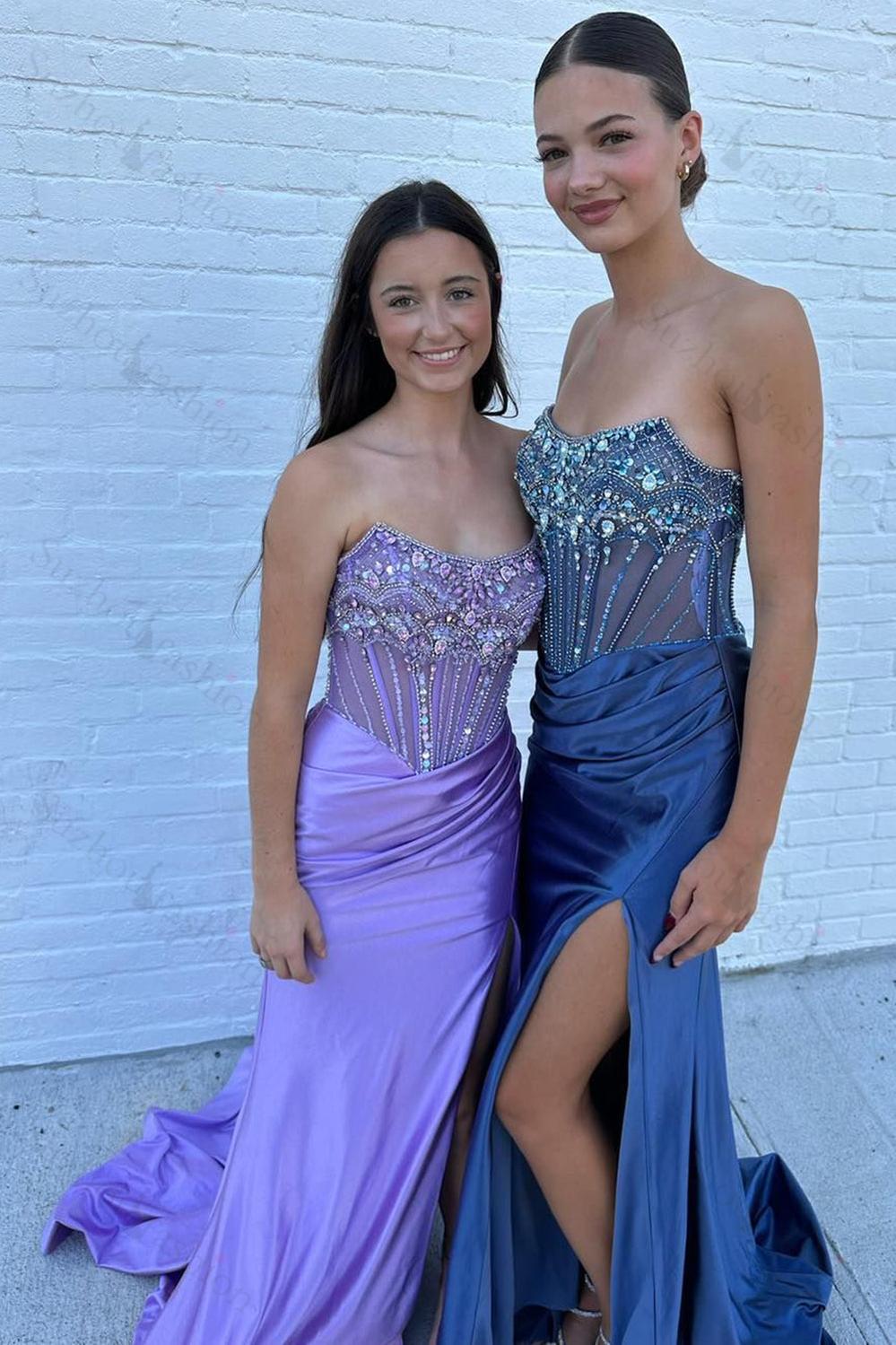 Dusty Blue Prom Dress Strapless Corset Long Formal Dress With Slit