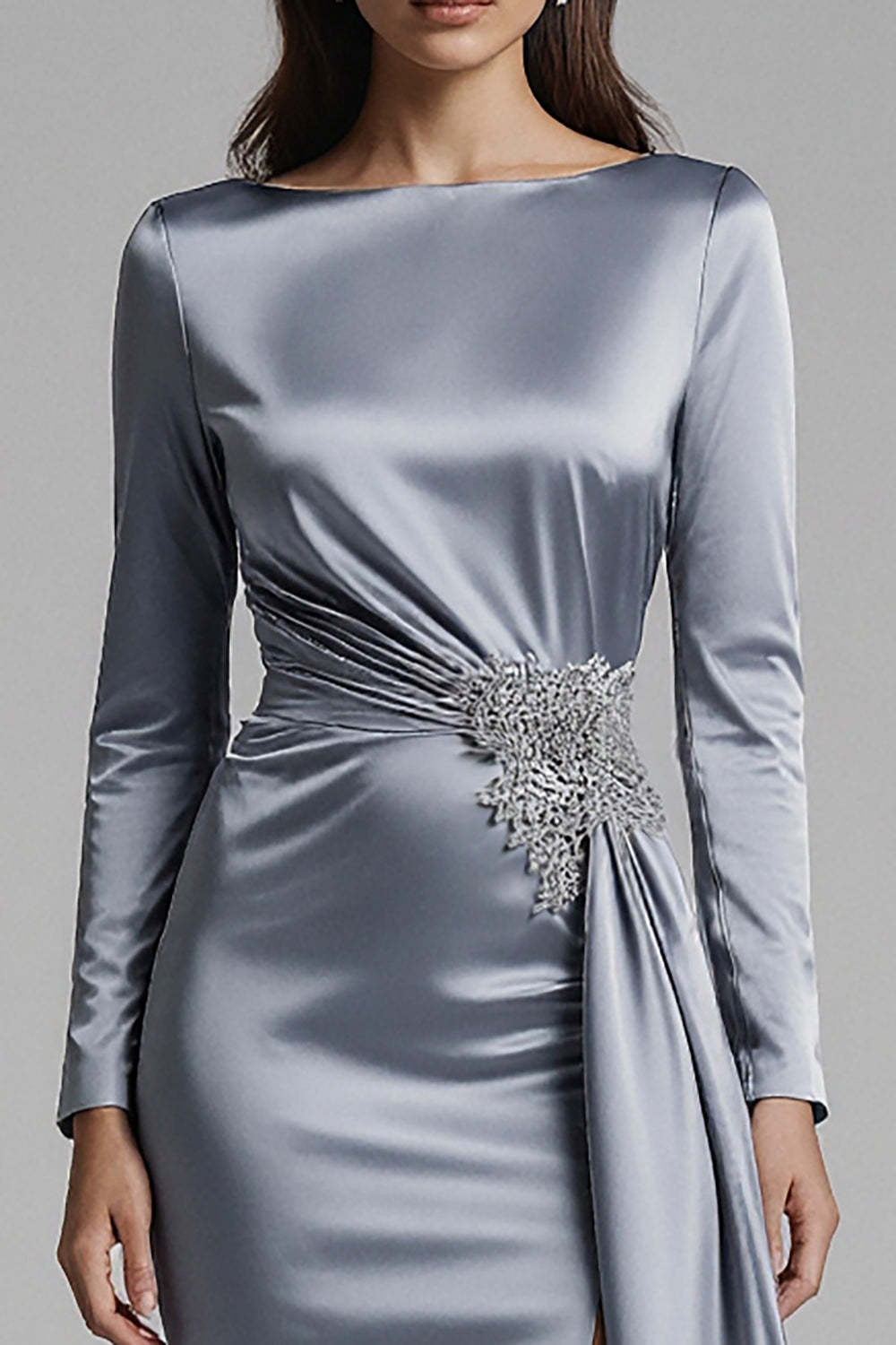 Suzhoufashion Dusty Blue Satin Mermaid Backless Long Sleeves Prom Dress With Slit