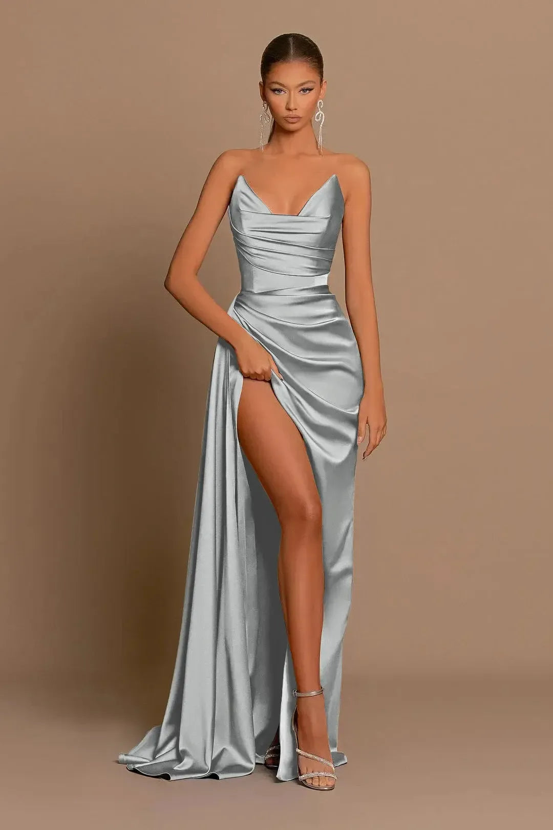 Dusty Blue Sweetheart Evening Prom Dress Mermaid Slit Long Wedding Guest Dress