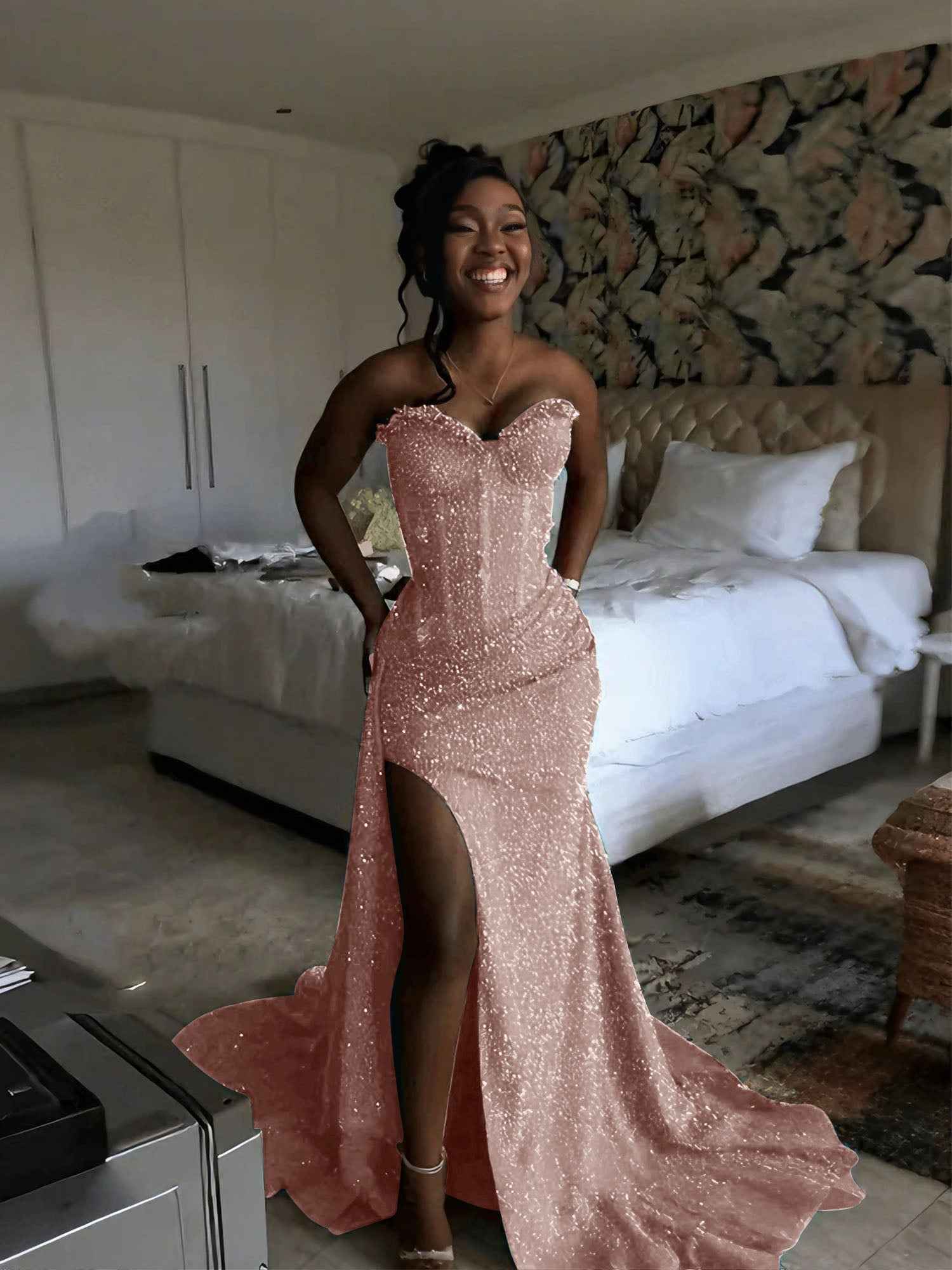 Glitter Strapless Mermaid Sequined Long Prom Dress with Slit (ZD17399)