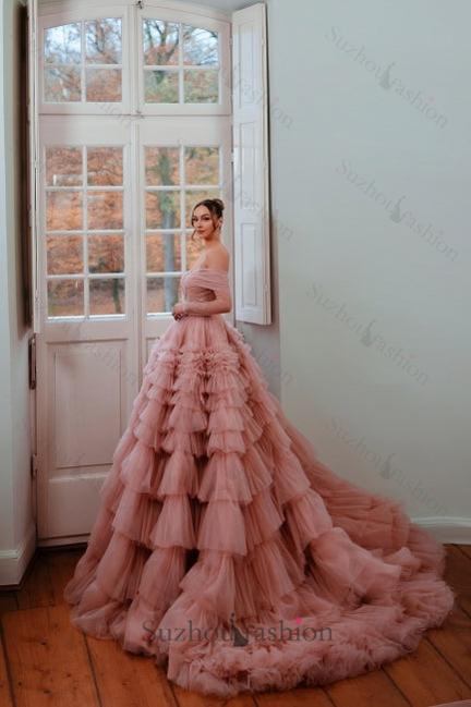 Dusty Rose A Line Prom Dress Strapless Off The Shoulder Sleeves Ball Gown Tulle Formal Dress