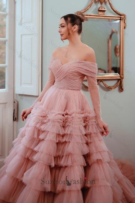 Dusty Rose A Line Prom Dress Strapless Off The Shoulder Sleeves Ball Gown Tulle Formal Dress