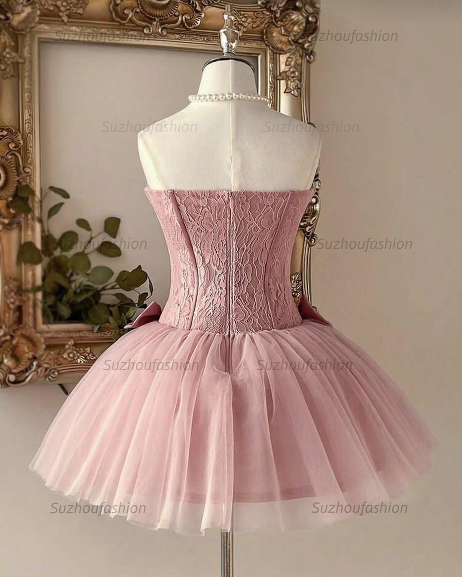 Dusty Rose Pearl Lace Corset Mini Homecoming Dress Triple Bow Waist & Tulle Skirt