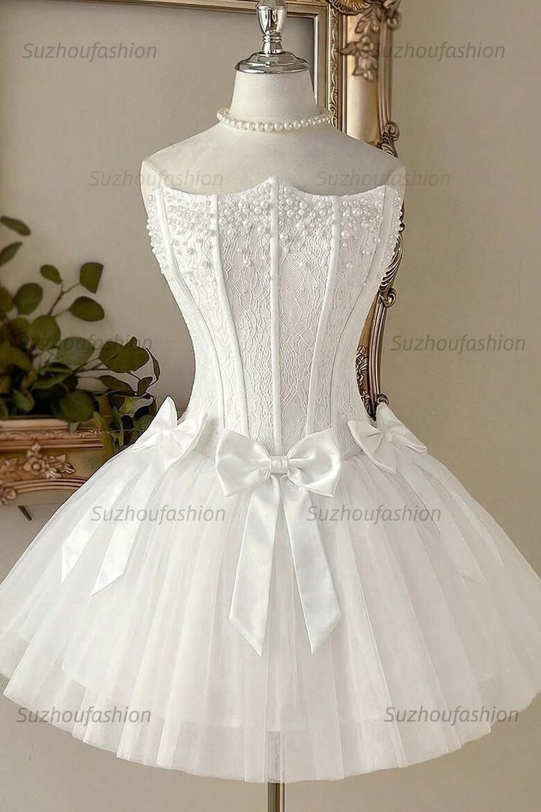Dusty Rose Pearl Lace Corset Mini Homecoming Dress Triple Bow Waist & Tulle Skirt