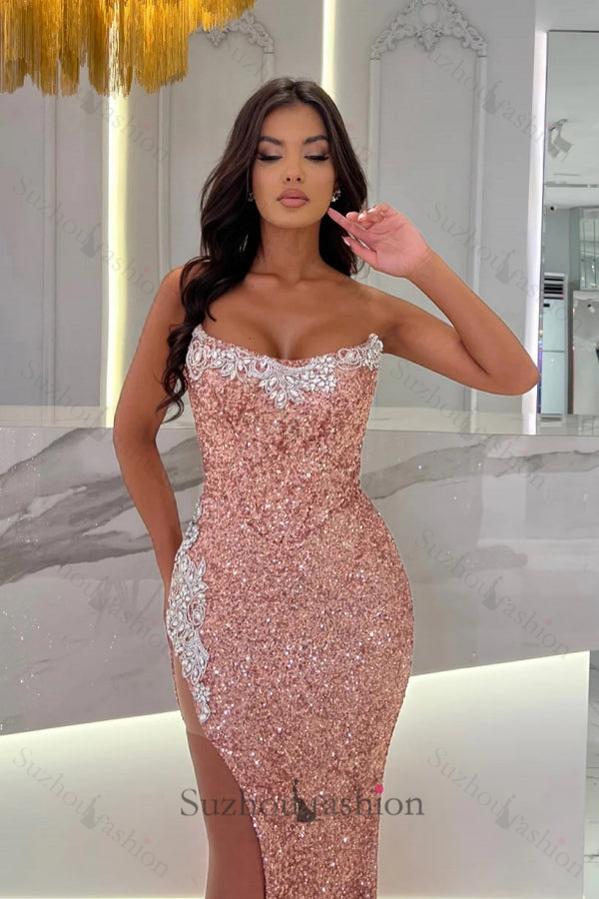 Dusty Rose Prom Dress Strapless Sequined Lace Formal Dress With Slit