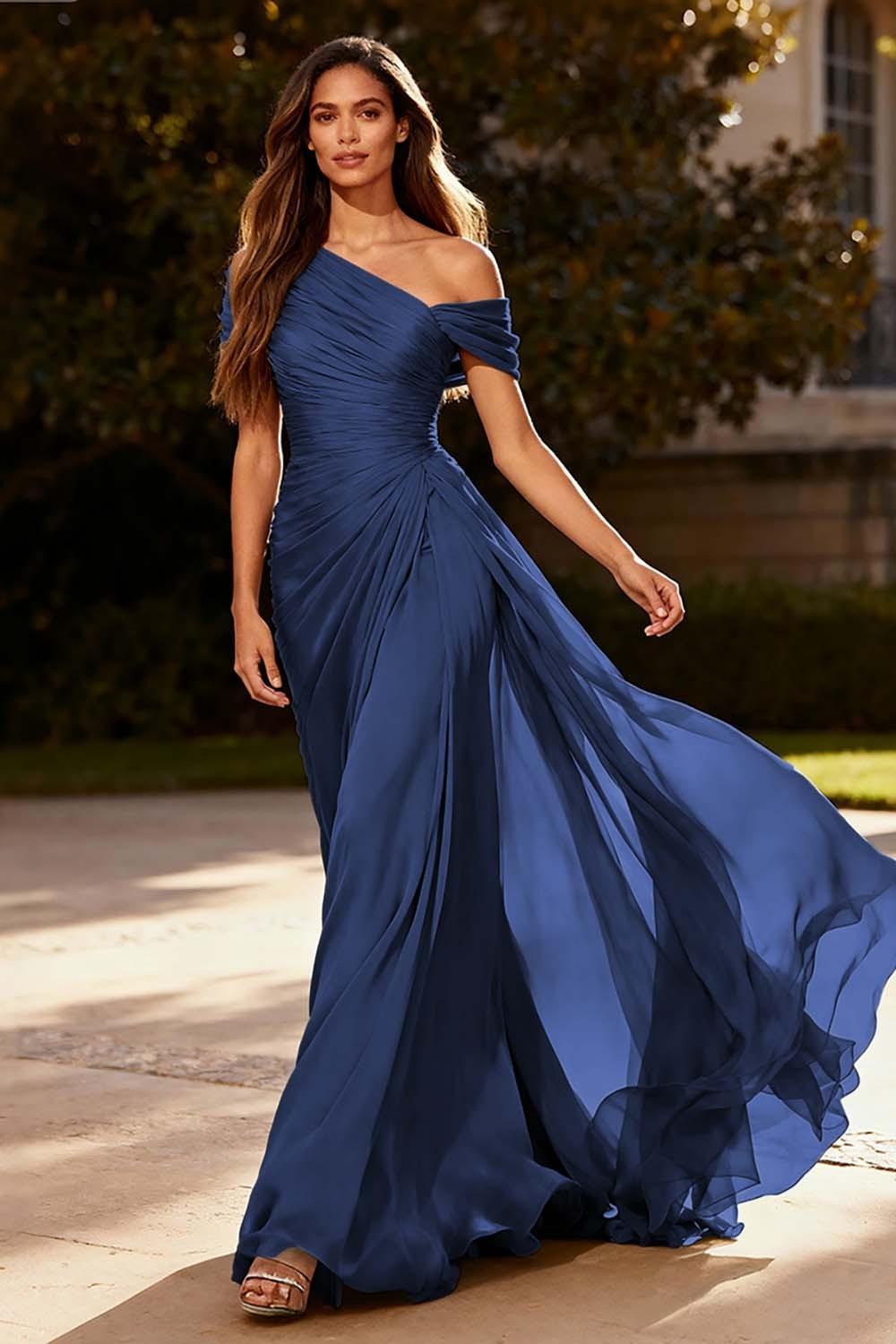 Suzhoufashion Dusty Sage One Shoulder Chiffon Ruched Long Prom Dress With Side Cape