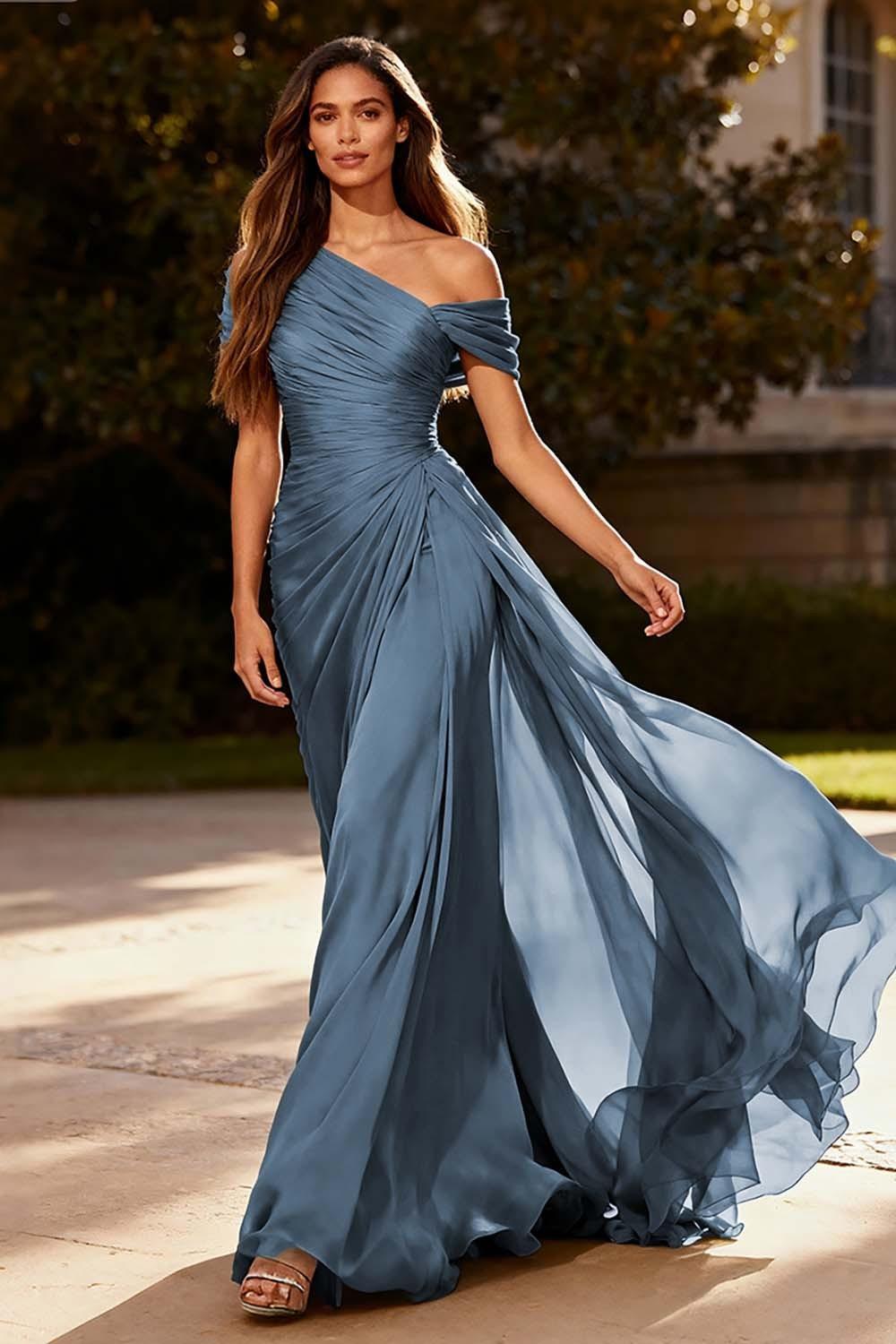 Suzhoufashion Dusty Sage One Shoulder Chiffon Ruched Long Prom Dress With Side Cape