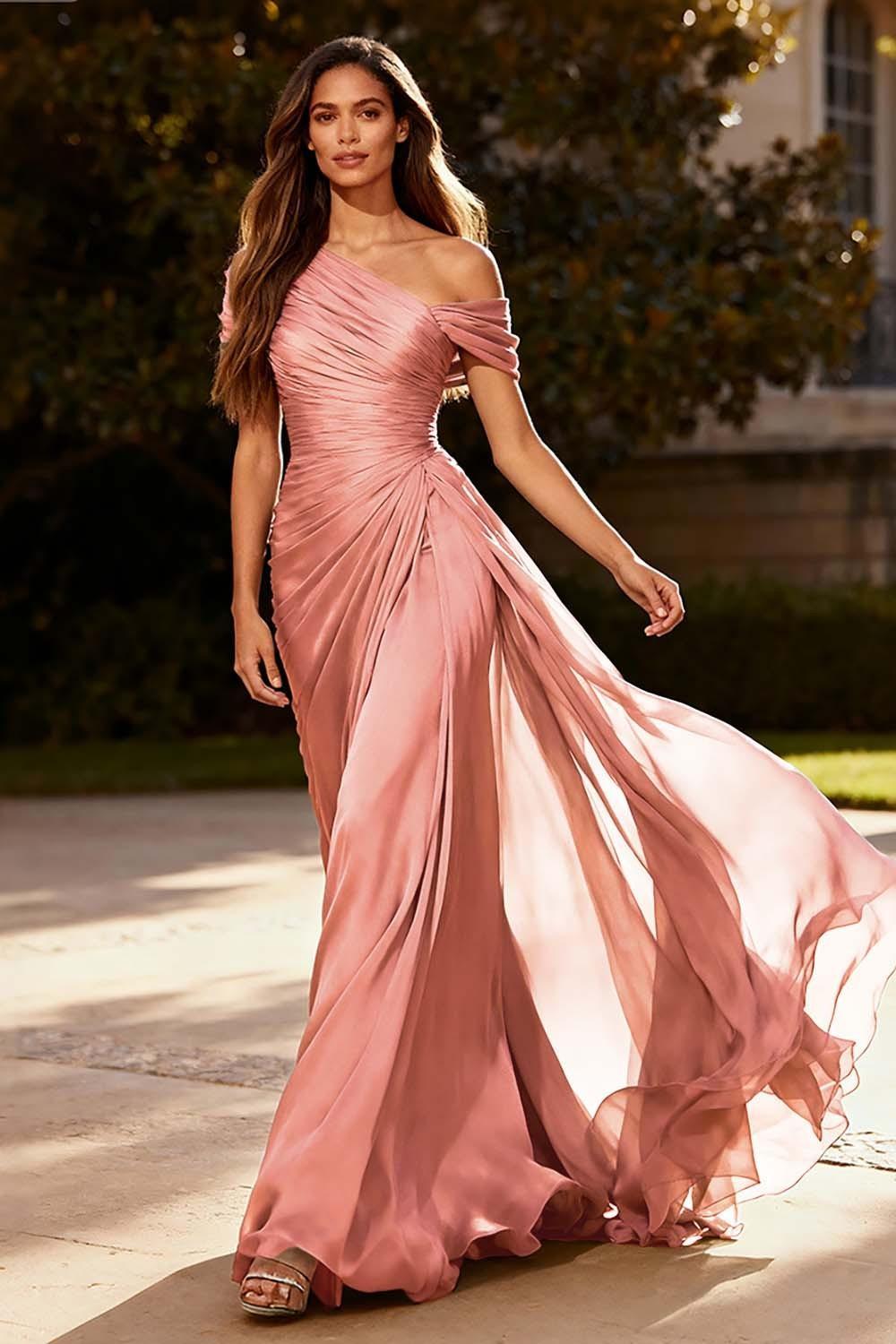 Suzhoufashion Dusty Sage One Shoulder Chiffon Ruched Long Prom Dress With Side Cape