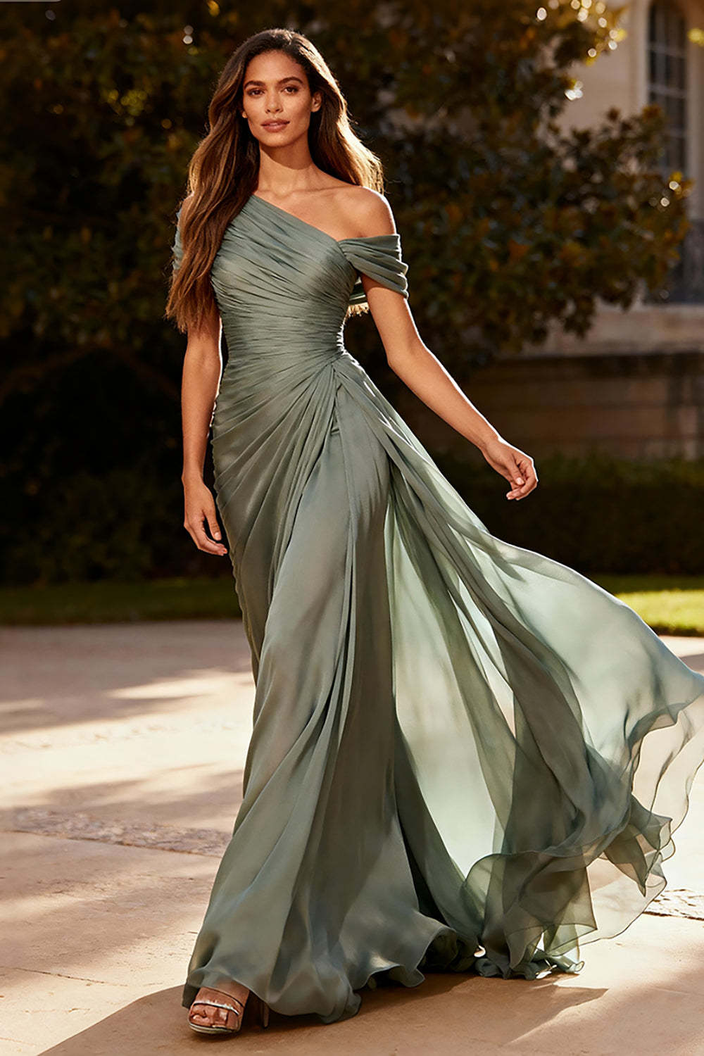 Suzhoufashion Dusty Sage One Shoulder Chiffon Ruched Long Prom Dress With Side Cape