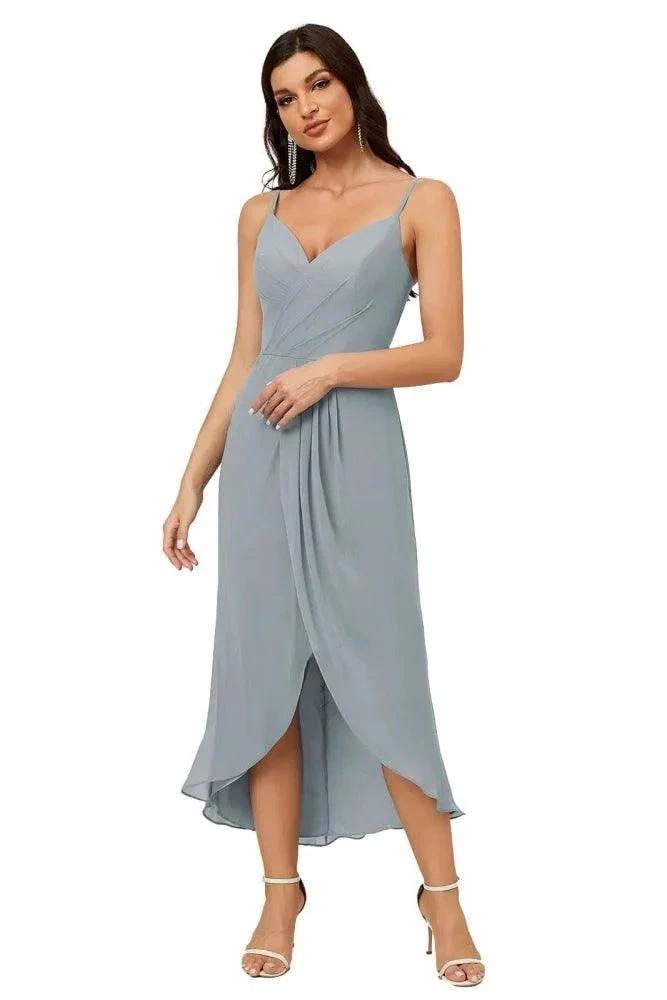 Numbersea Spaghetti Chiffon V Neck Bridesmaid Dress Mid-Length Slit Formal Prom Dress Homecoming Dress 2803 by numbersea