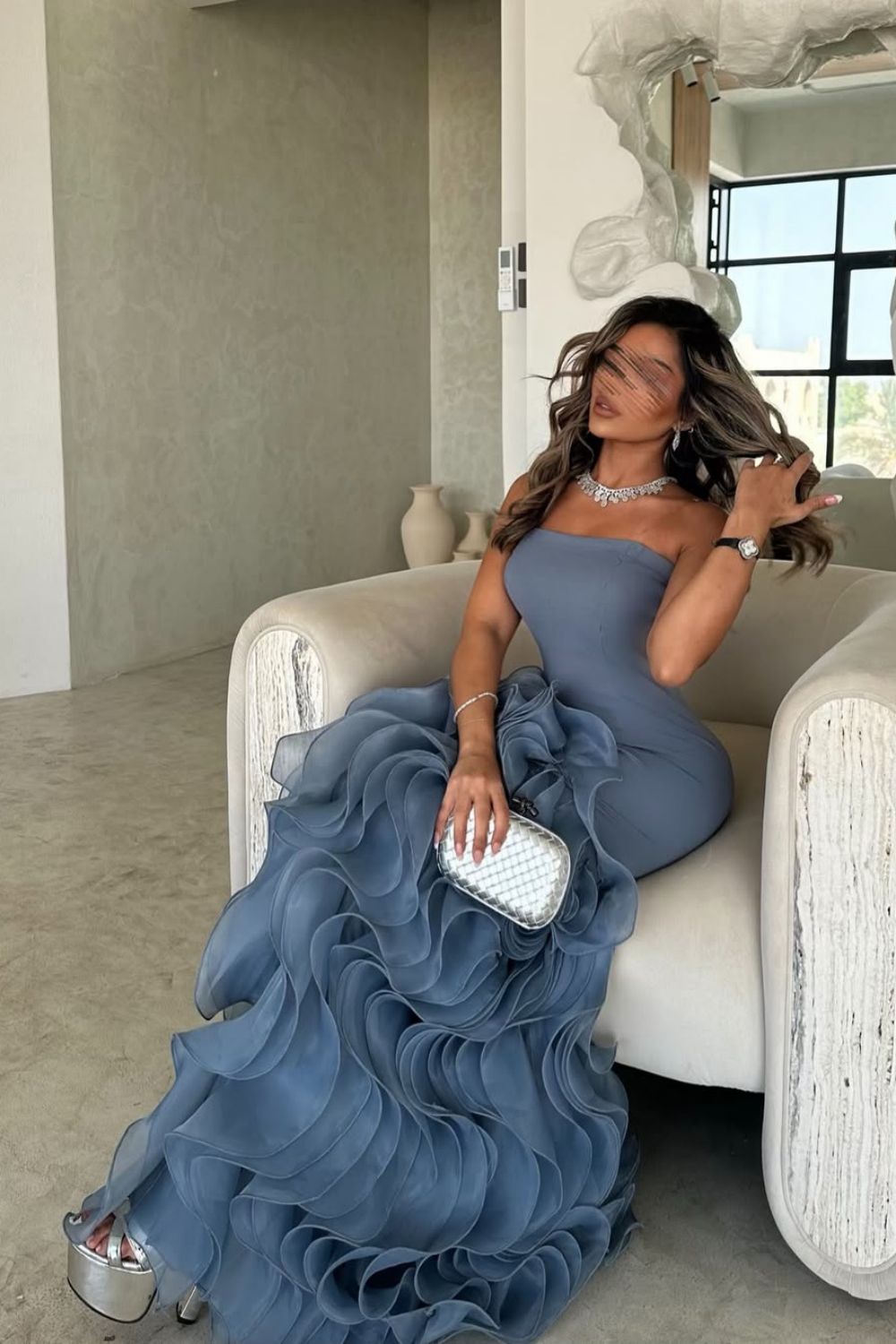 Dusty Blue Mermaid Strapless Lace Up Long Tulle Prom Dress with Ruffle - View 4 | VelvetHem