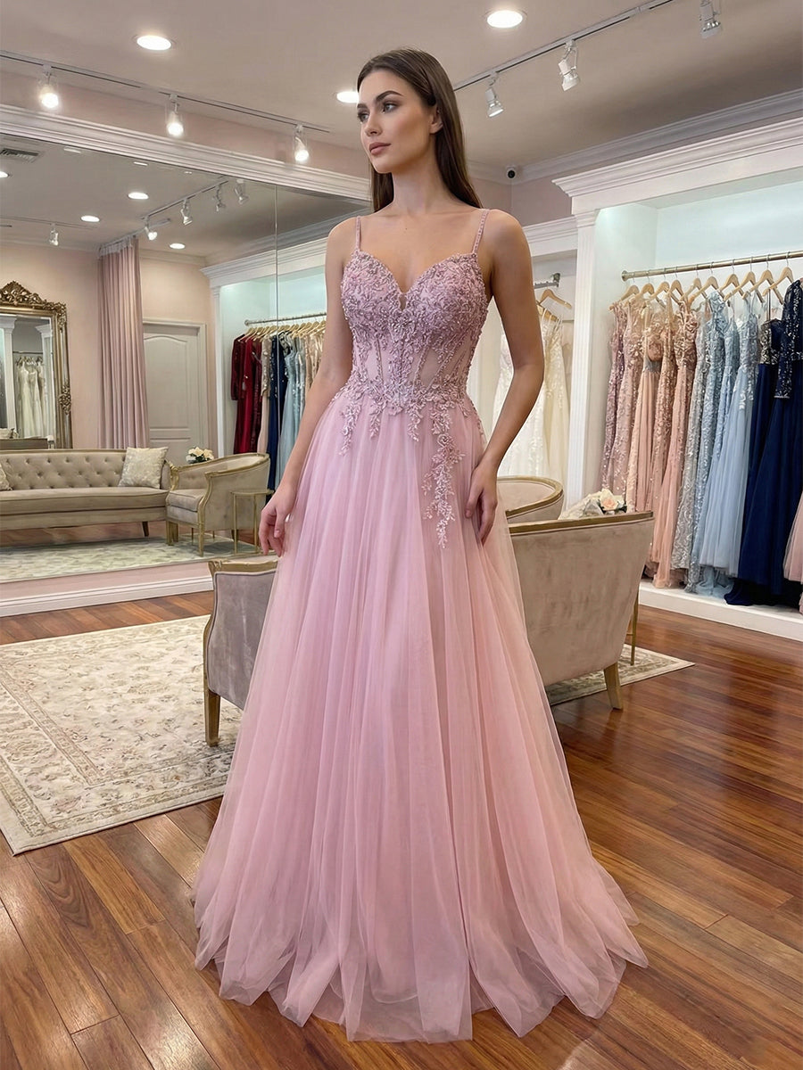 Dusty Pink A Line Lace Applique Tulle Corset Prom Dress - VelvetHem