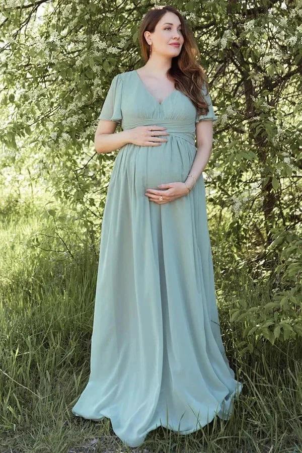 Dusty Sage V-Neck Maternity Bridesmaid Dress with Flared Sleeves (ZD12839) - VelvetHem