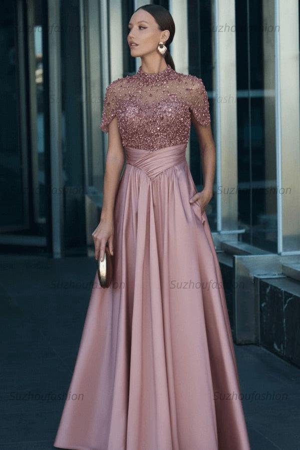 High Neck Short Sleeves Long Evening Formal Dress With Beading Pockets