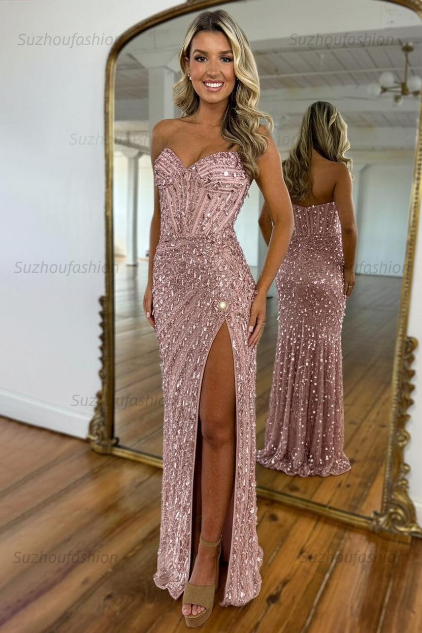 Sequined Prom Dress Sweetheart Mermaid With High Slit Skirt Formal Evening Gown