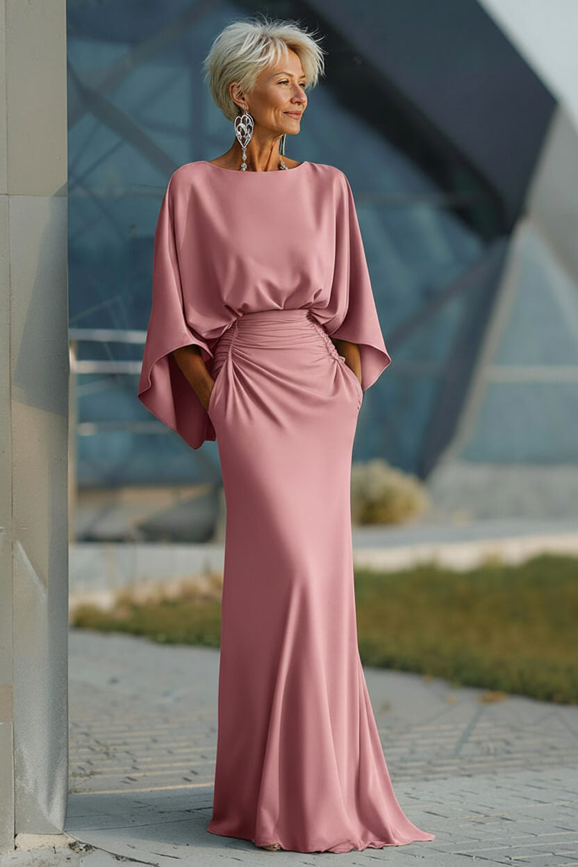 Navy Satin Mermaid Backless Long Mother Of The Bride Dress With Pockets