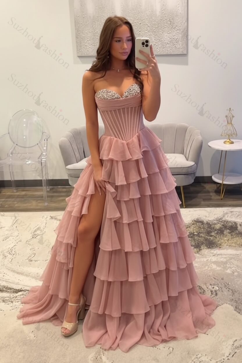 Ruffled Black Prom Dress A Line Corset Long Formal Dress With Beadings