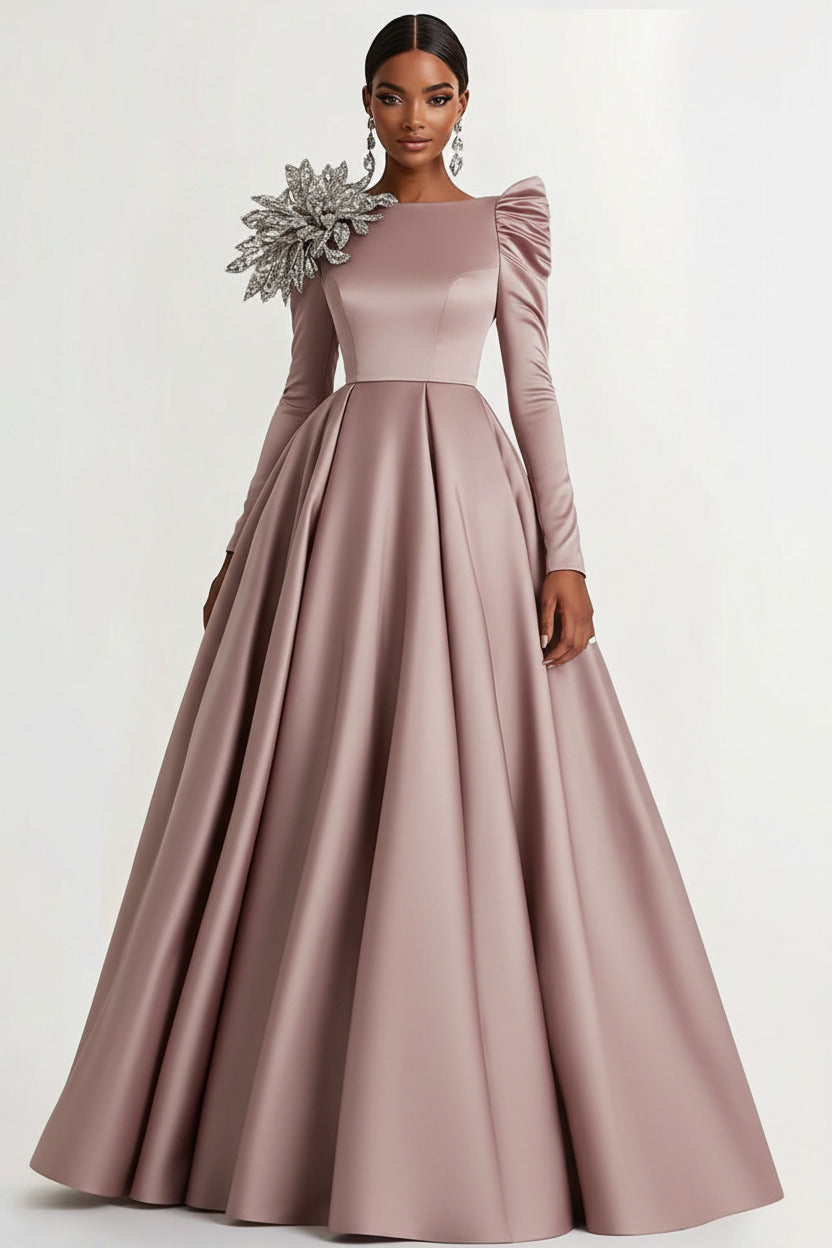 A-Line Long Black Wedding Guest Dress Satin Boat Neck Formal Dress With Long Sleeves