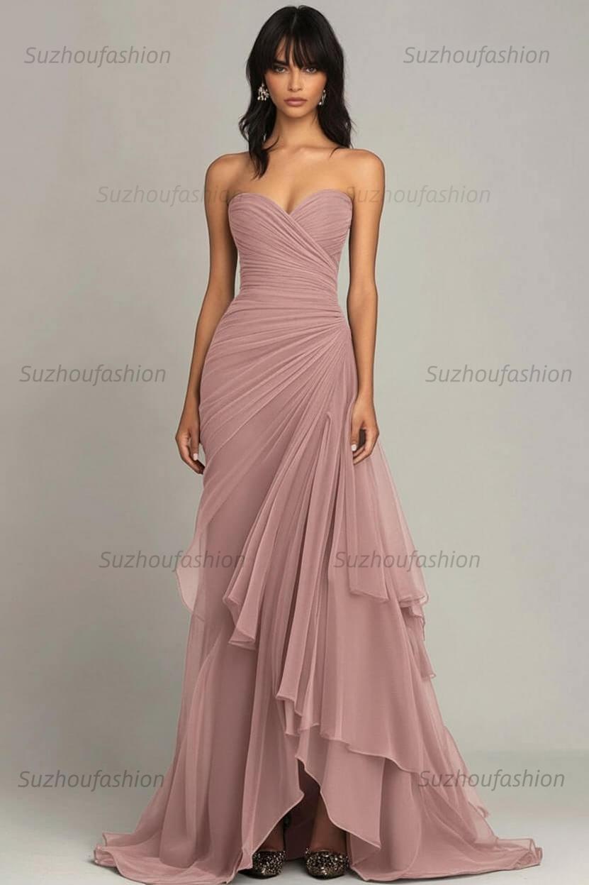 Elegant Sweetheart Ruched Dark Brown Long Formal Dress With Ruffles