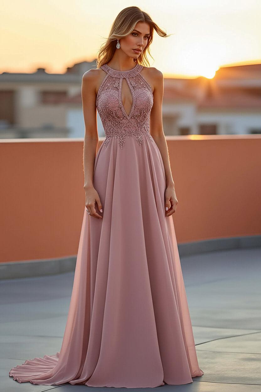 Beaded Navy Wedding Guest Dress Halter Long Formal Dress With Embroideries