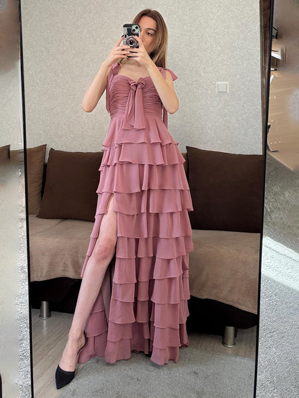 Dusty Rose A-Line Sweetheart Chiffon Tiered Long Prom Dress with Slit - VelvetHem