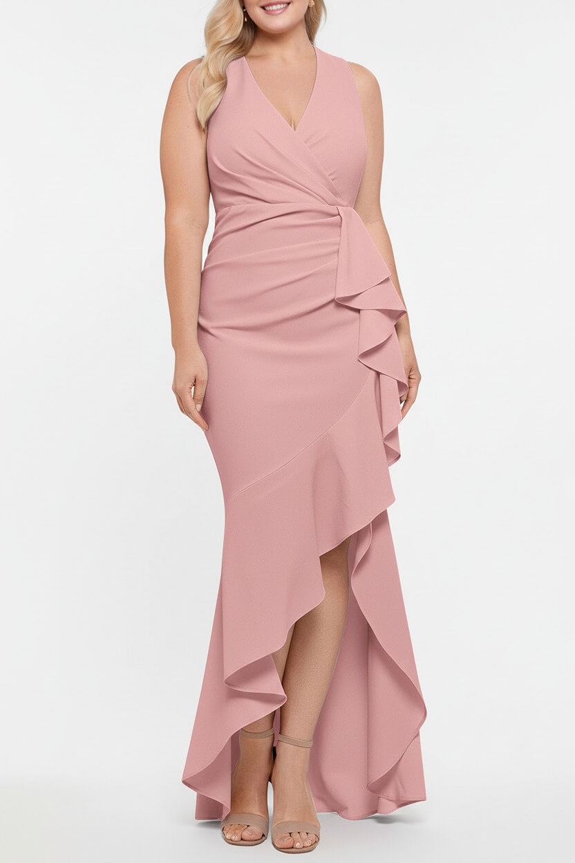 V Neck Sleeveless Plus Size Long Sheath Column Mother of the Bride Dress with Ruffles